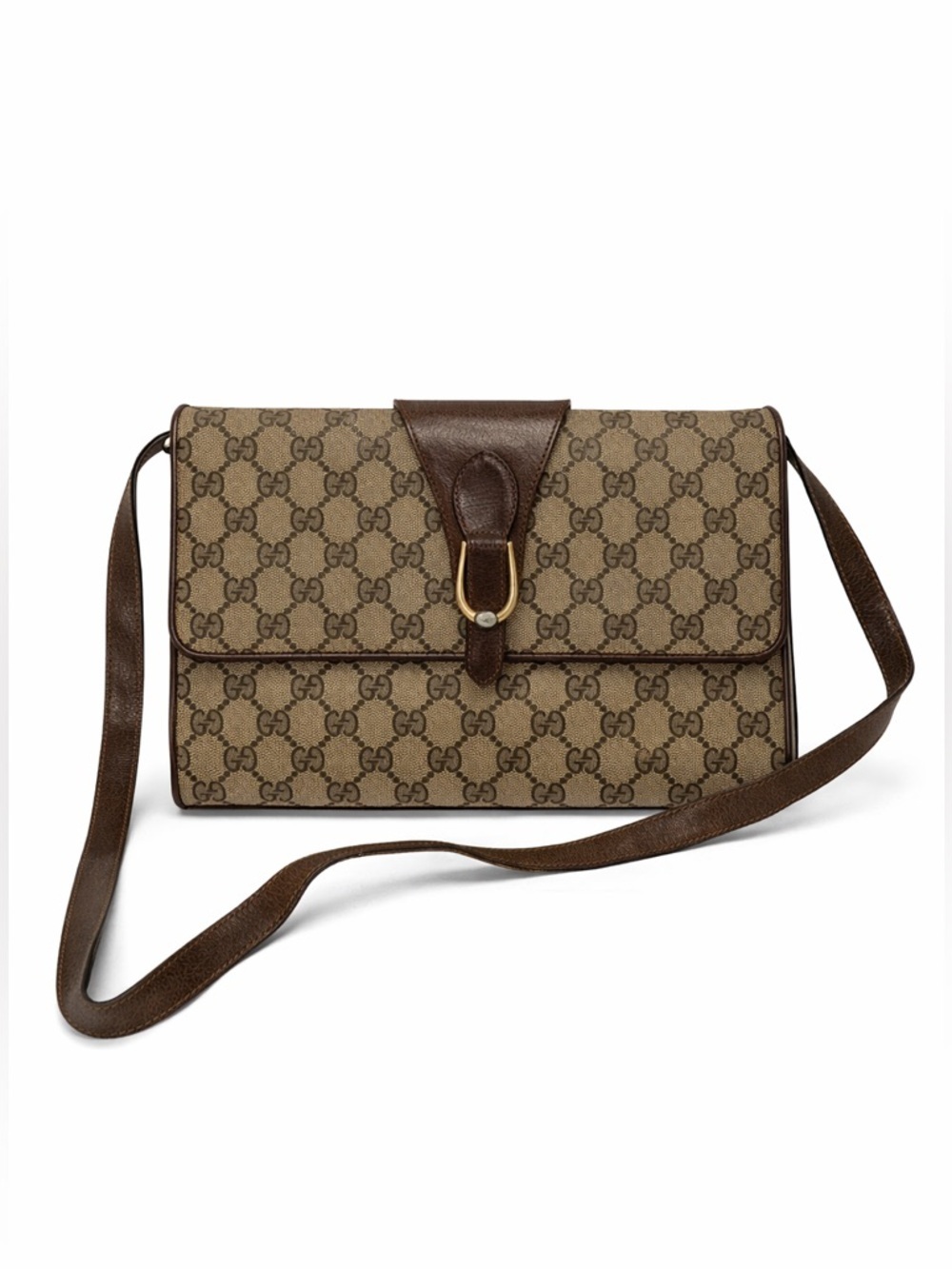 Gucci Vintage GG Monogram Canvas Crossbody Clutch Bag Brown Leather Trim